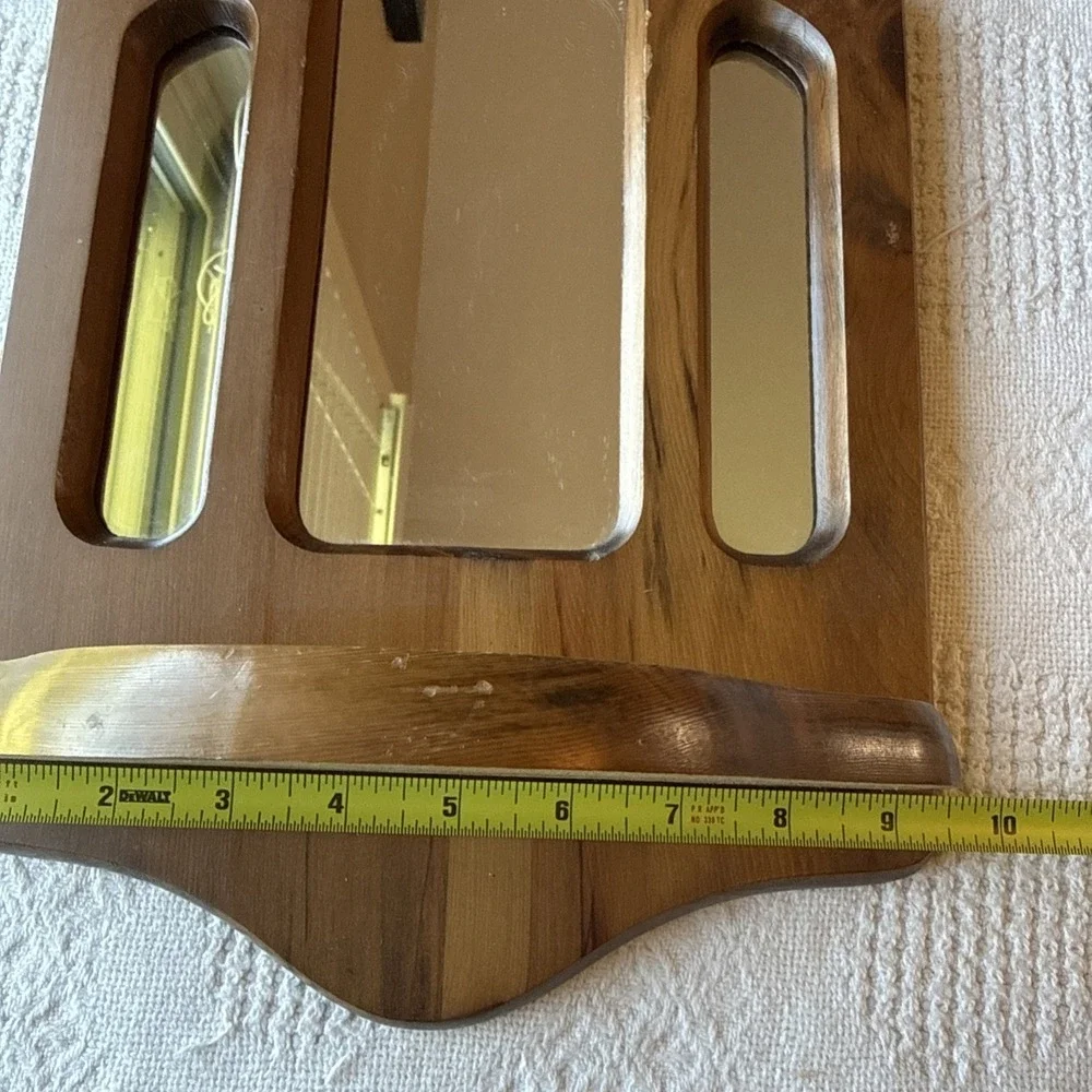 Vintage Wooden Triple Mirrored Wall Shelf Cottagecore Rustic